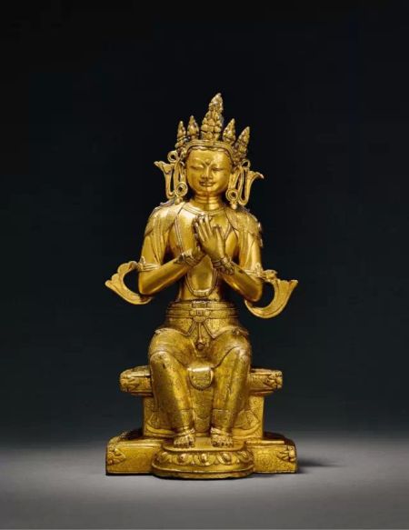 Lot.665 明中期 铜鎏金弥勒菩萨坐像 32.7cm. High