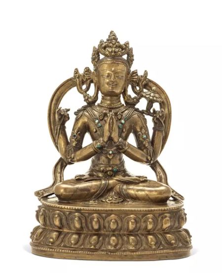 lot3161 　　四臂观音 　　西藏 帕拉风格 　　十四世纪 　　合金铜 嵌红铜嵌银 镶嵌宝石 　　高20厘米 　　RMB： 250，000-280，000