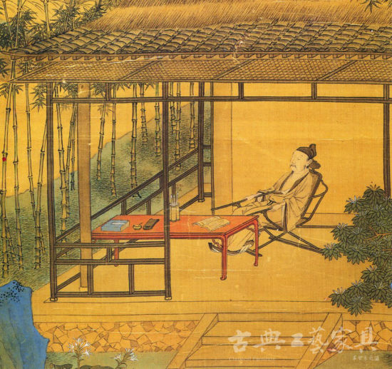 明  仇英《桐阴绘静图》中卧椅听瀑的雅致